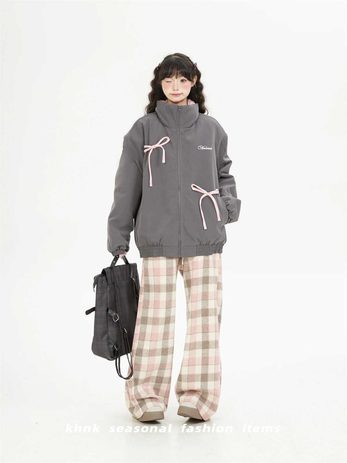 Premium Bow Plaid Splicing Stand-up Collar Jacket Cotton-padded Clothes Women Winter Loose Thickened Loose Cotton Clothes Jacket