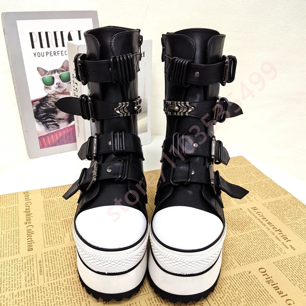 Women's Gothic Platform Ankle Boots 2026 New Street Rock Multi-Buckle Strap Biker Boots Black and White Colorblock Punk Boots