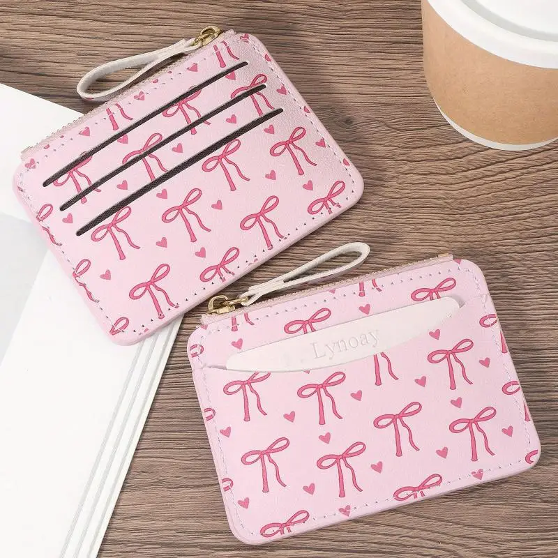 Elegant Bow Trimming Coin Pocket Ultra-Thin Credit Card Sleeve Zip Wallet Lightweight Cute Cash Package Birthday Gifts