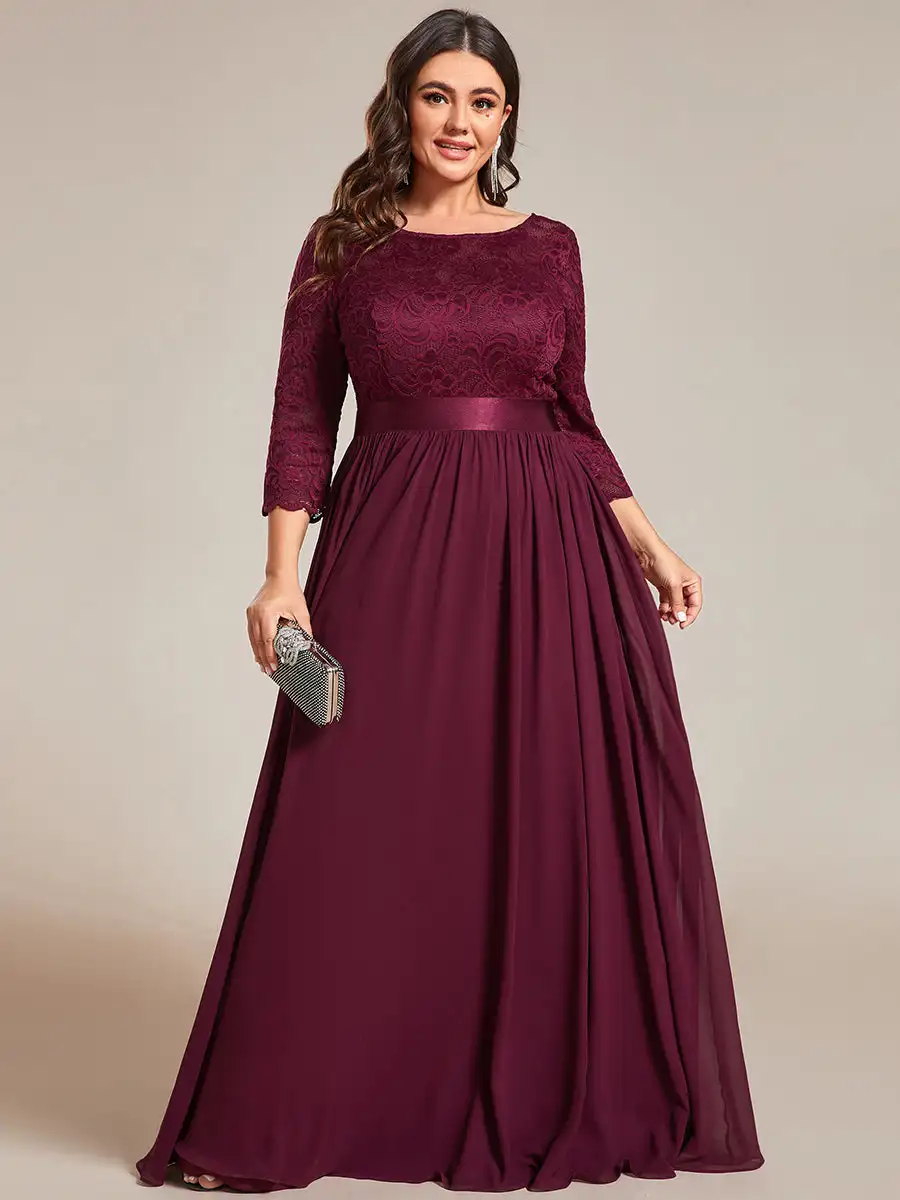 Plus Size Evening Dresses O-Neck Bridesmaid 2024 Ever Pretty with Navy Blue Long Lace Chiffon Sleeve Elegant Dresses for Women