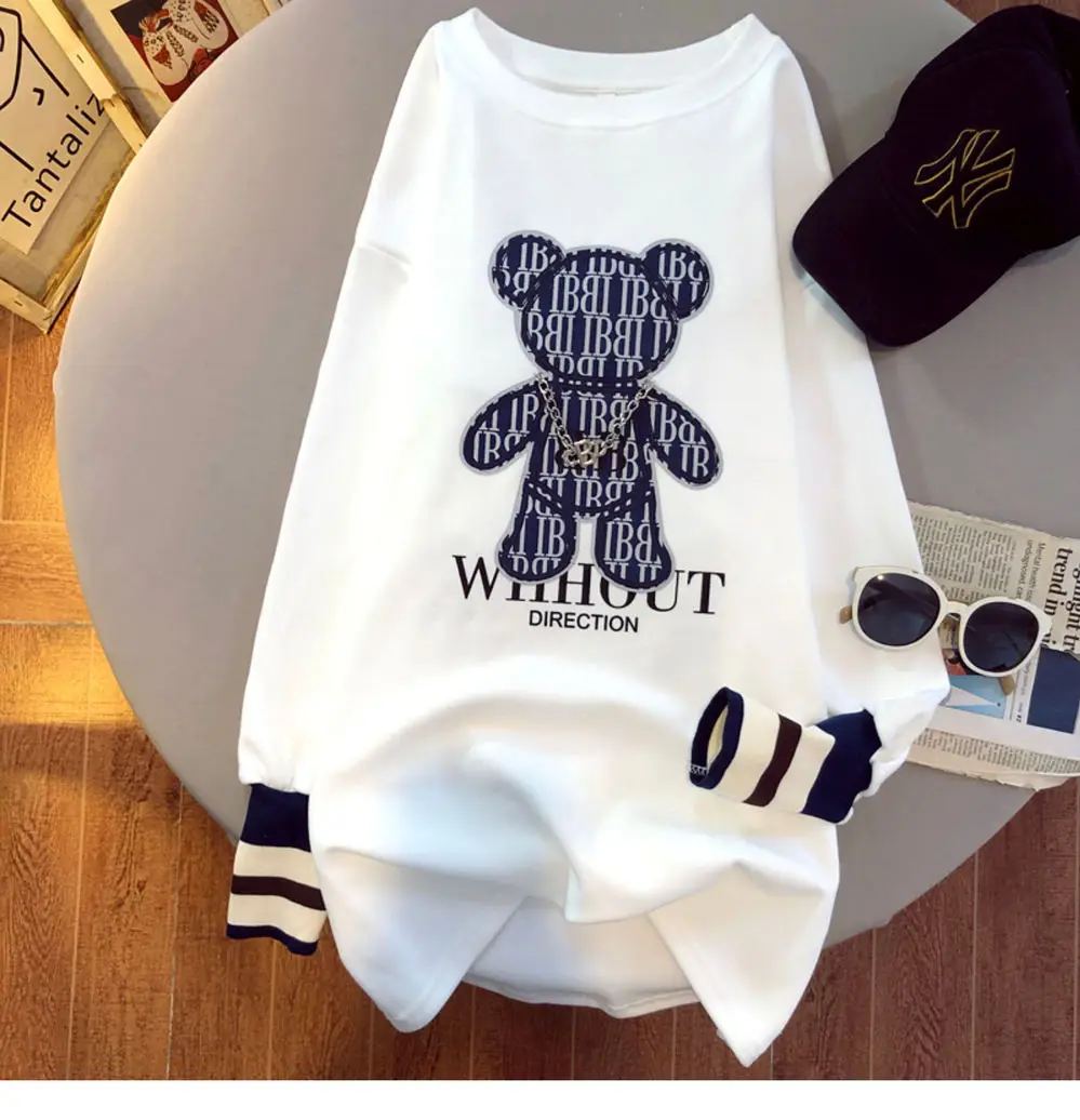 Hip Hop Vintage Letters Bear Print Oversized T Shirt Long Sleeve Pullover O-neck Loose Kawaii Clothes Korean Fashion Women Girls