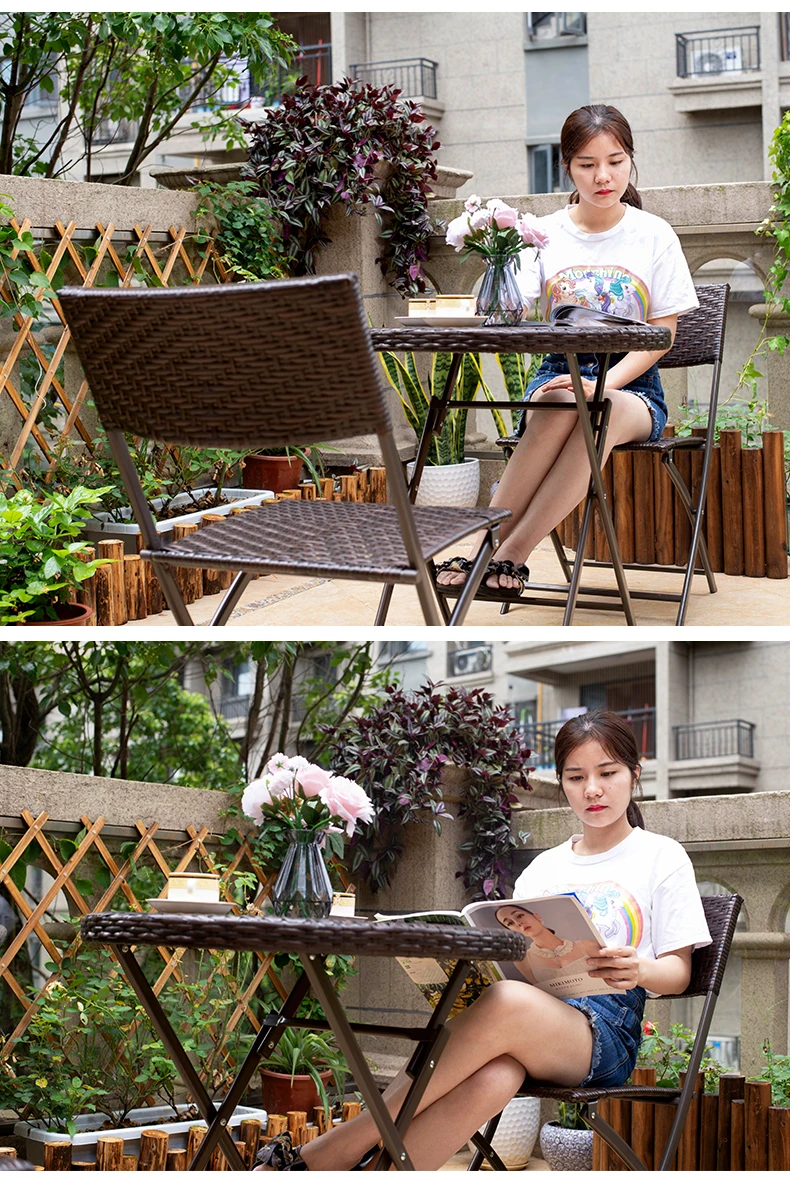 Garden Rattan Chair and Table Set Outdoor Camping Folding Table and Chair Set Office Balcony Portable Rattan Noodles Furniture