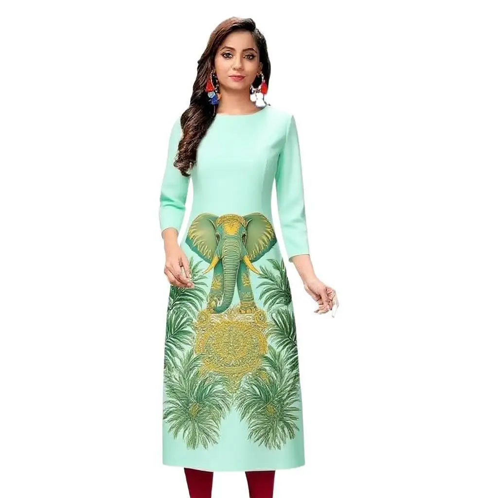 Sukienka damska 2026, modna i elegancka, z długim rękawem, o prostym kroju, codzienna, z okrągłym dekoltem, wzór w kolorze słoniowej kości.