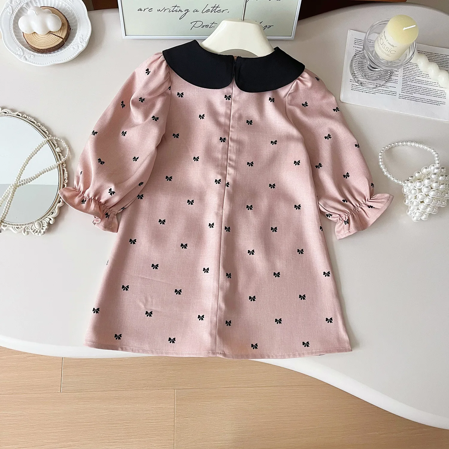 Bow button Princess dress with doll collar Bow print pocket dress kids clothes Spring and autumn dress  girl clothes