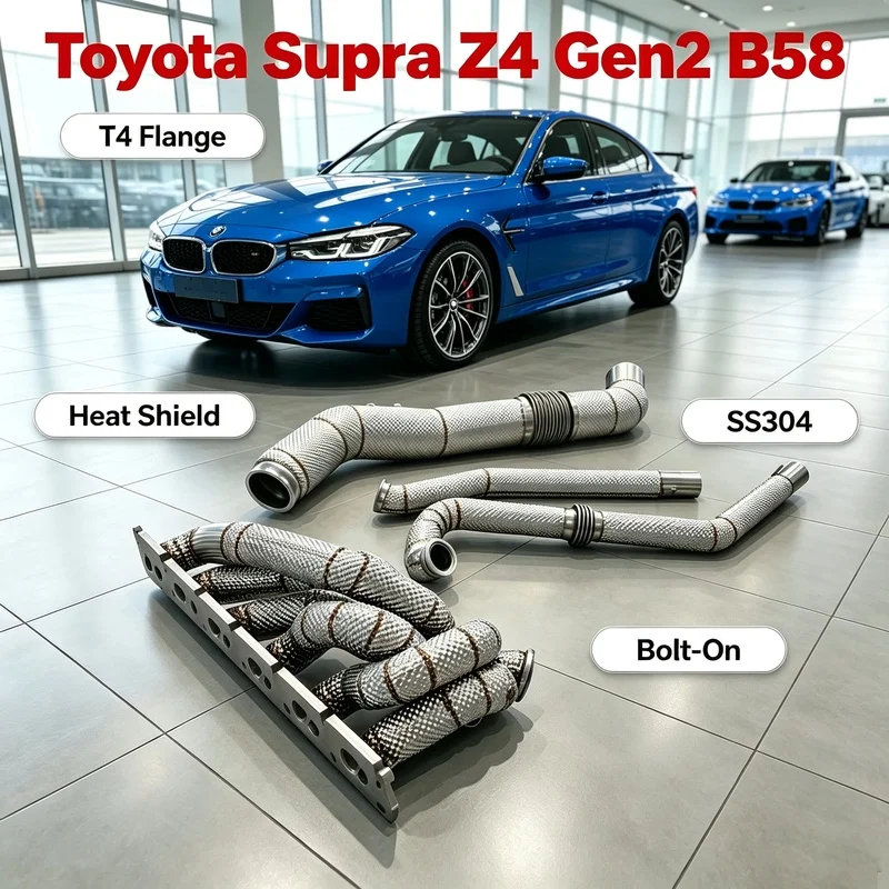 Racing Heat-shielded Turbo Exhaust Manifold Fit Toyota Supra BMW Z4 Gen2 B58, T4 Interface Stainless Steel Turbo Manifold Kit