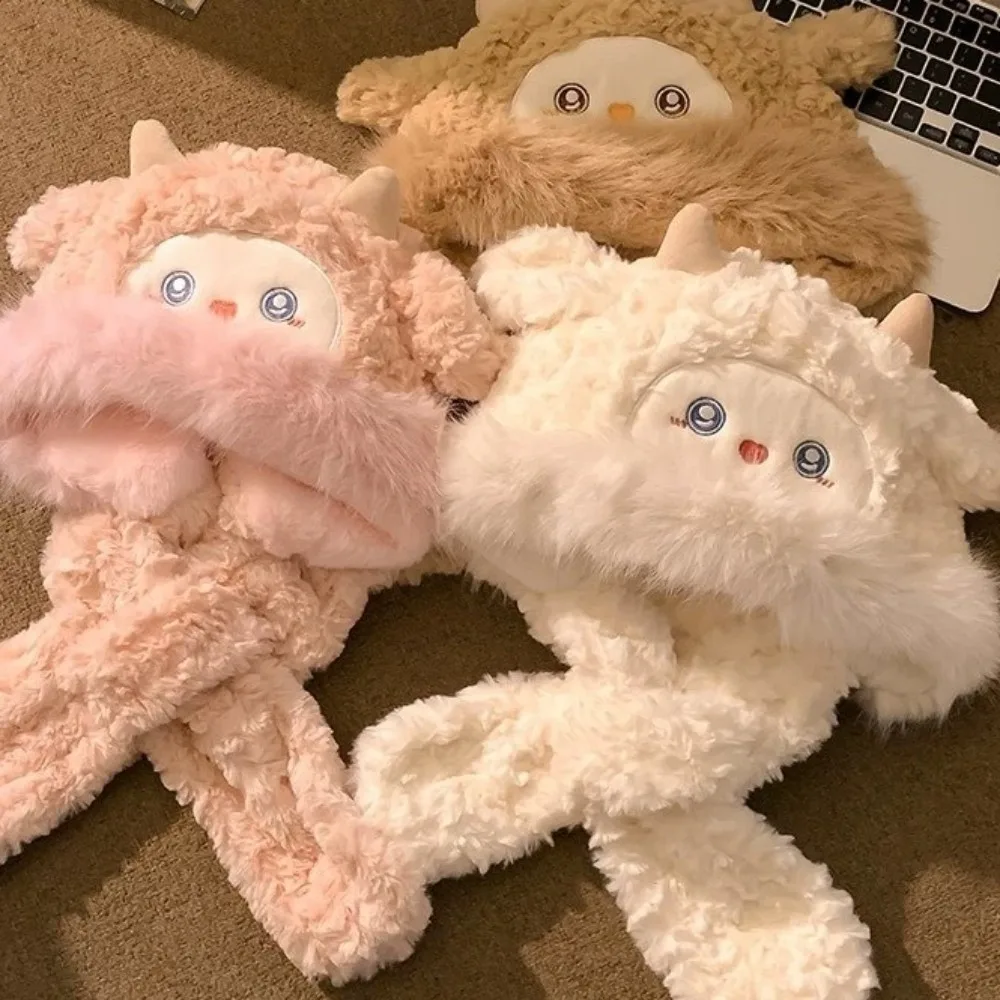 Creative Warm Little Sheep Plush Hat Thickened Coldproof Ear Protection Hat Scarf Cartoon Animals Beanie Hats Outdoor