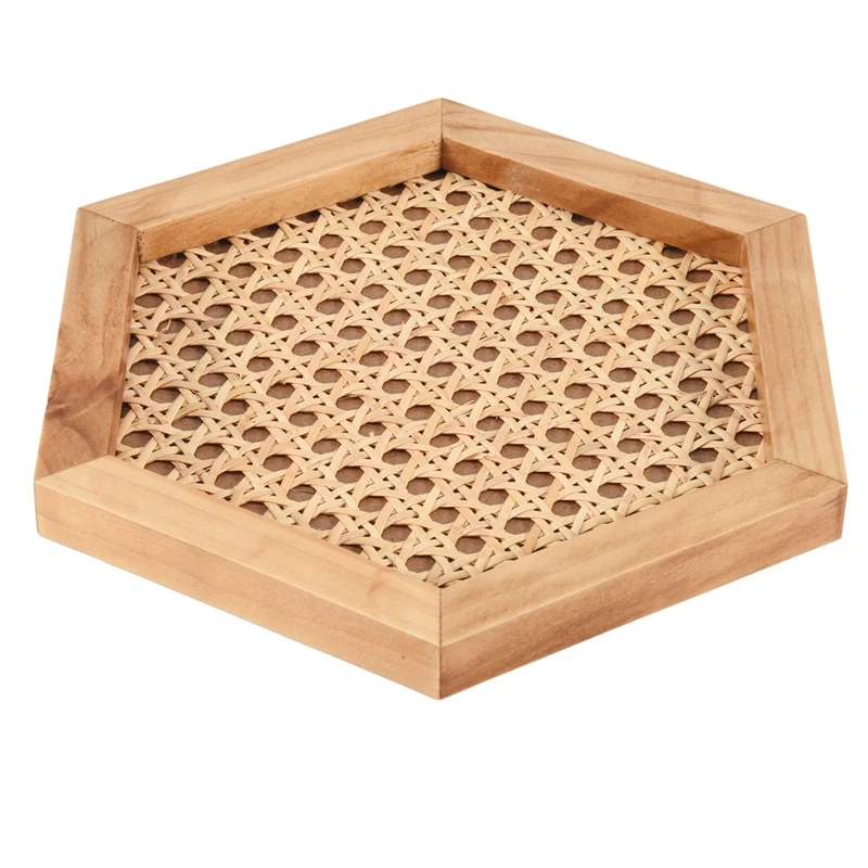 Home Nordic Rattan Woven Tray Wooden Handmade Ins Wind Rectangular Geometric Ornament Key Storage Tray