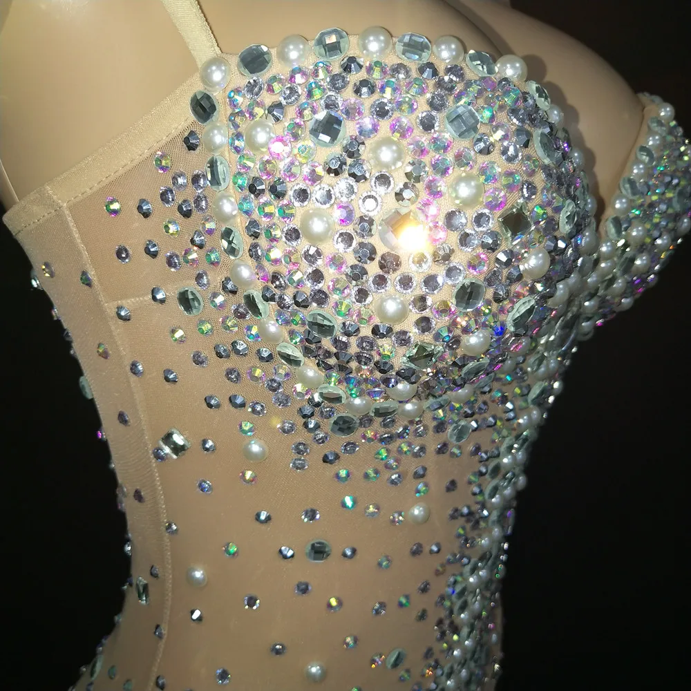 Sexy V Neck Perspective Mesh Elastic Crystals Bodysuit Women Dancer Stage Performance Costume Luxurious Gemstones Pearls Tights