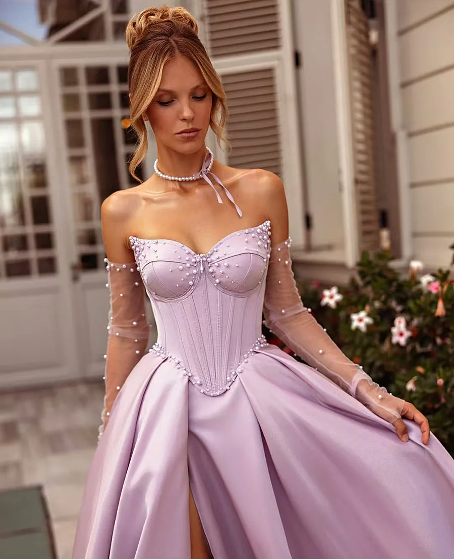 2025 Amanda Satin Strapless Sleeveless robes de soirée Side High Split A-Line Evening Dresses Exquisite Wedding Dress Custom