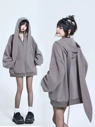 Pull à capuche grande oreille de lapin, manteau surdimensionné, cardigan à fermeture éclair, veste à capuche, fermeture éclair coréenne des années 2000, Y2K, Y-Kpop, automne, hiver, nouveau