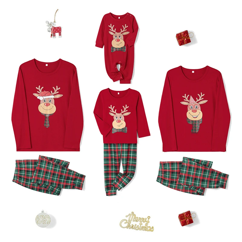 Matching Christmas Pajamas Set with Reindeer and Plaid Print for Family Holiday Sleepwear - Dad Mom Kids PJs in Festive Style