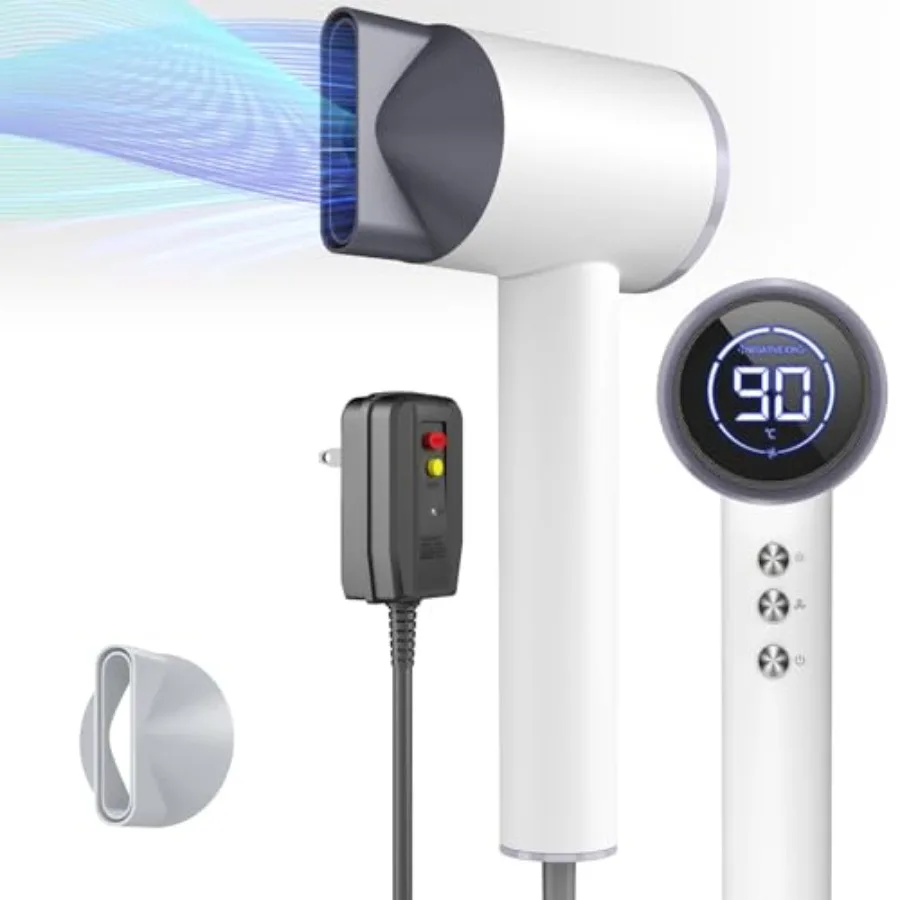 

Фен ионный 1600 Вт с LED-дисплеем и магнитной насадкой, портативный, для женщин, путешествий, салонов, дома, кремово-белый HC03