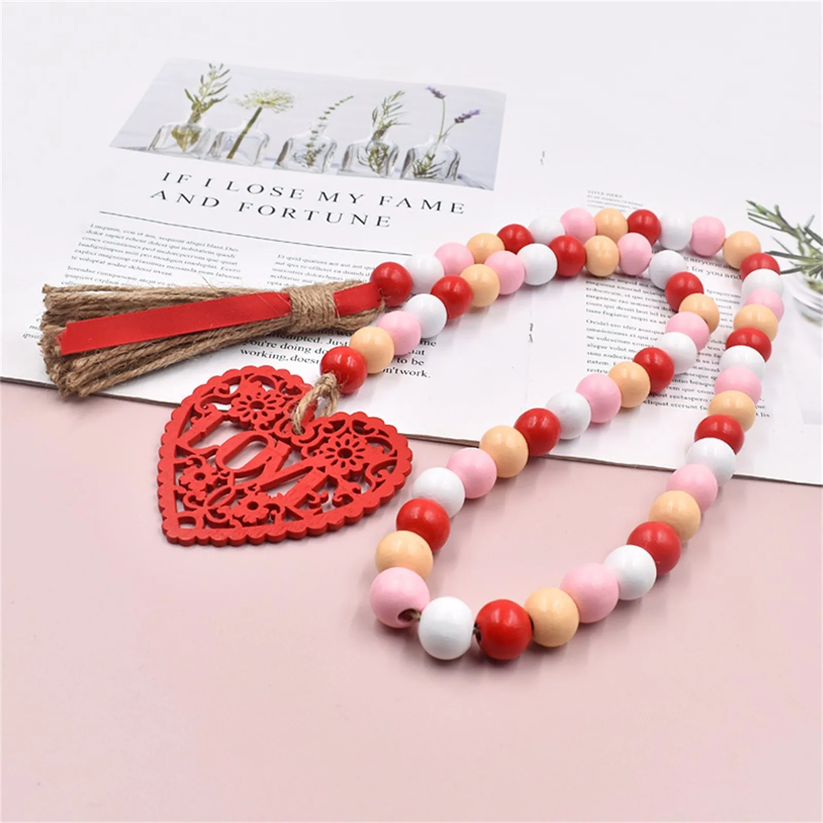 Valentines Day Wood Bead Garlands With Tassels Love Wooden Embellishments Rustic Tiered Tray DecoraçãO Wedding Supplies