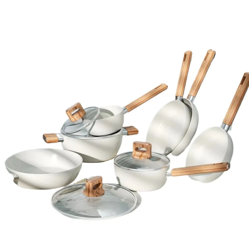 

New Household Products Press Cooking Set White Aluminum Ceramic Non-stick Coating Wood Grain Soft Touch Handle