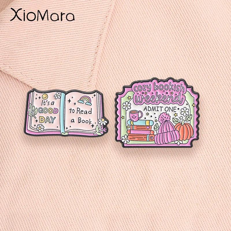 It's a Good Day to Read a Book Enamel Pins Cozy Bookish Weekend Admit ONE Bookworm Ticket Brooches Lapel Badge Jewelry Gifts