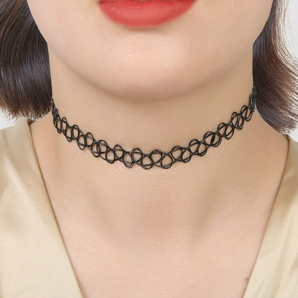 12Pcs/Set  Mixed Color Tattoo Rainbow Chokers Vintage Gothic Punk Elastic Necklace Women Jewelry Party Wear Accessories Gifts