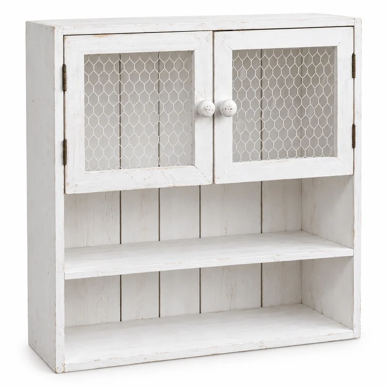 Rustic White Fir Wood Wall or Countertop Cabinet, Handmade Farmhouse Storage Shelf with Chicken Wire Doors, 50x53x15.5cm