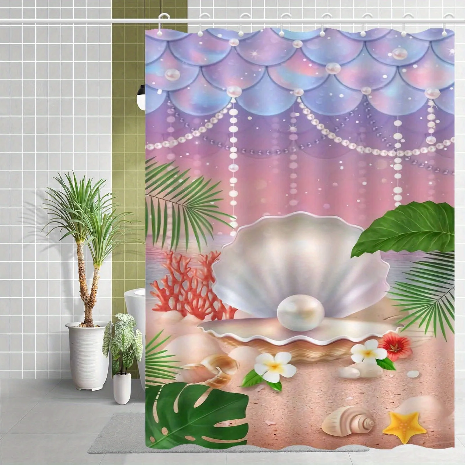 Mermaid Scale Pearl Shell Shower Curtain, Beach Ocean Print Waterproof Bath Curtain, Girly Bathroom Decor for Home
