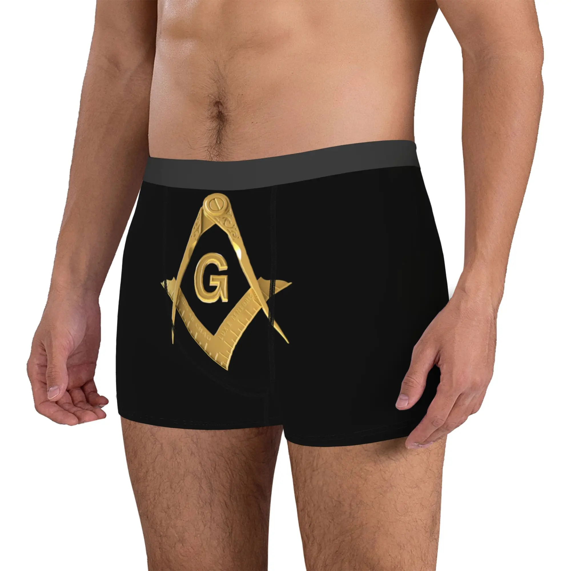 Male Cool Gold  Freemason Logo Underwear Masonic Mason Boxer Briefs Breathable Shorts Panties Underpants