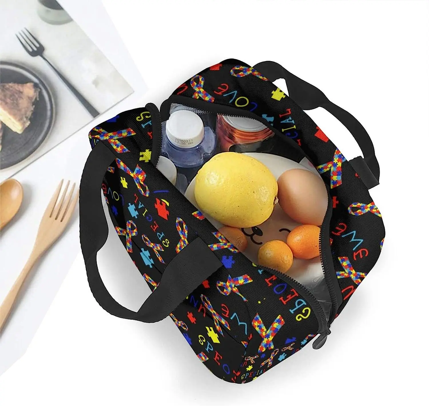 Special Love Black Lunch Bag for Women Insulated Lunch Box Reusable Thermal Cooler Bento Tote Bag for Picnic School Work