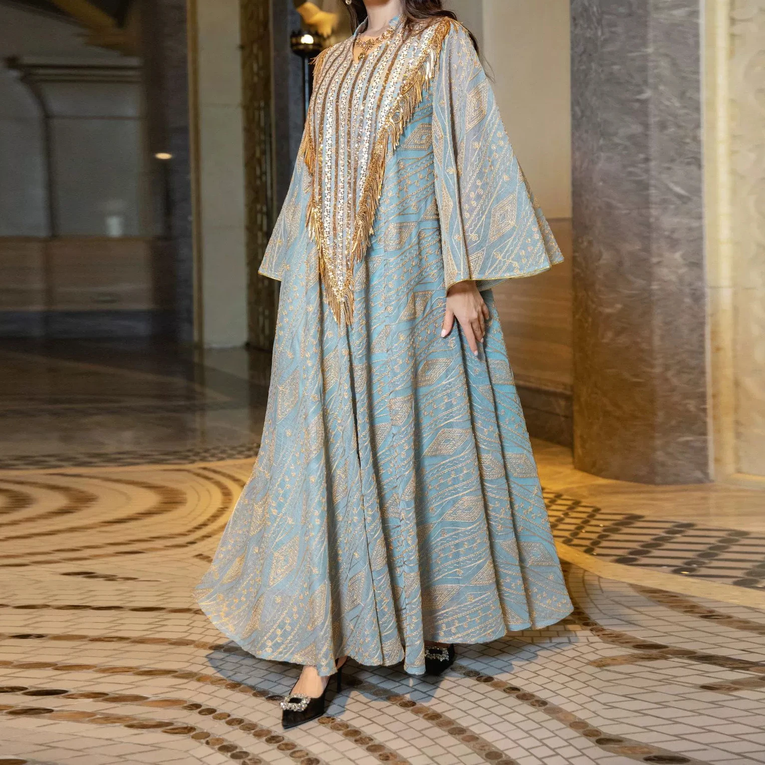 

Muslim evening dress Arab Dubai dress mesh embroidery sequined robe Middle Eastern women's clothing-GZXX523