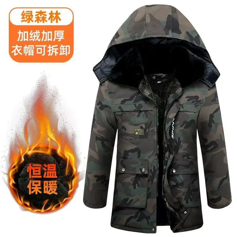 Winter Cargo Zip Up Camouflage Jacket Men Thicken Warm Parkas Hooded Cotton Clothes Fashion Wool Liner Coat