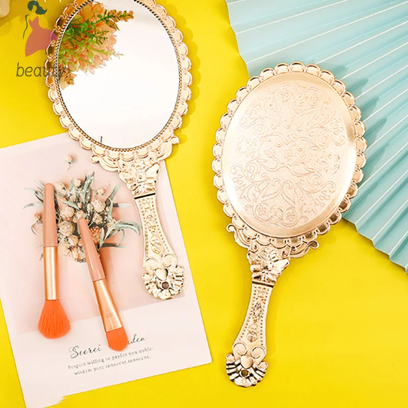 Rose Gold Portable Vintage Makeup Mirror Hand Hold Oval Round Mirror Noble Restore Ancient Ways Court Mirror Beauty Tool