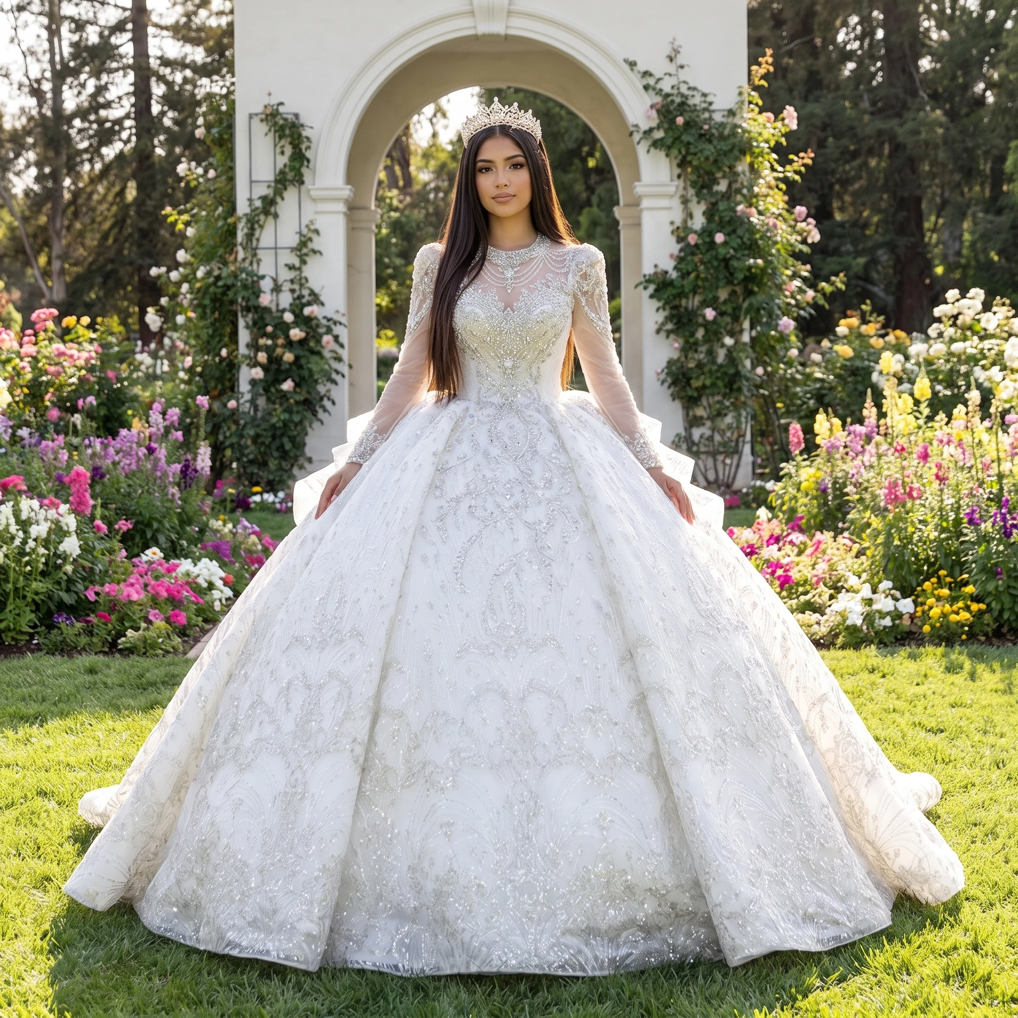Vintage Sparkling Bridal Ball Dress Organza Pearl Wedding Dress Illusion Long Sleeves Palace Wedding Robe Customized Ruffles
