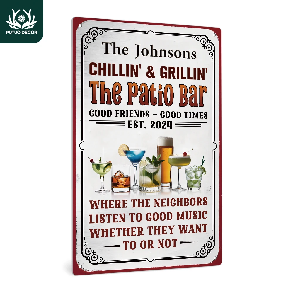 

Putuo Decor 1pc Custom Tin Sign, The Johnsons Chillin' & Grillin' the Patio Bar, Vintage Plate Wall Decoration for Home Bar Pub