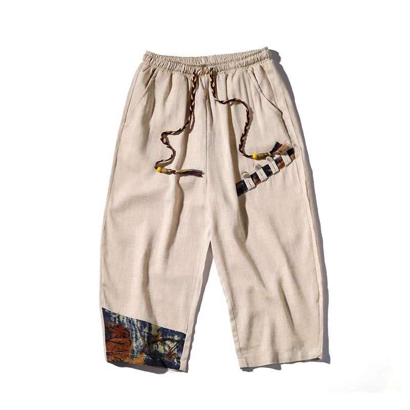 

New Chinese Style Shorts, Men's Thin Casual Pants, Cotton and Linen Loose Fitting Hanfu Patchwork, Cropped Pants, Wide Leg Pants