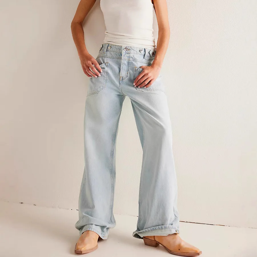 Women Floor Length Pant Denim Jeans Wide Leg Pants Y2k Streetwear High Waist Straight Trousers Elegant Mom Jeans 2025 Spring