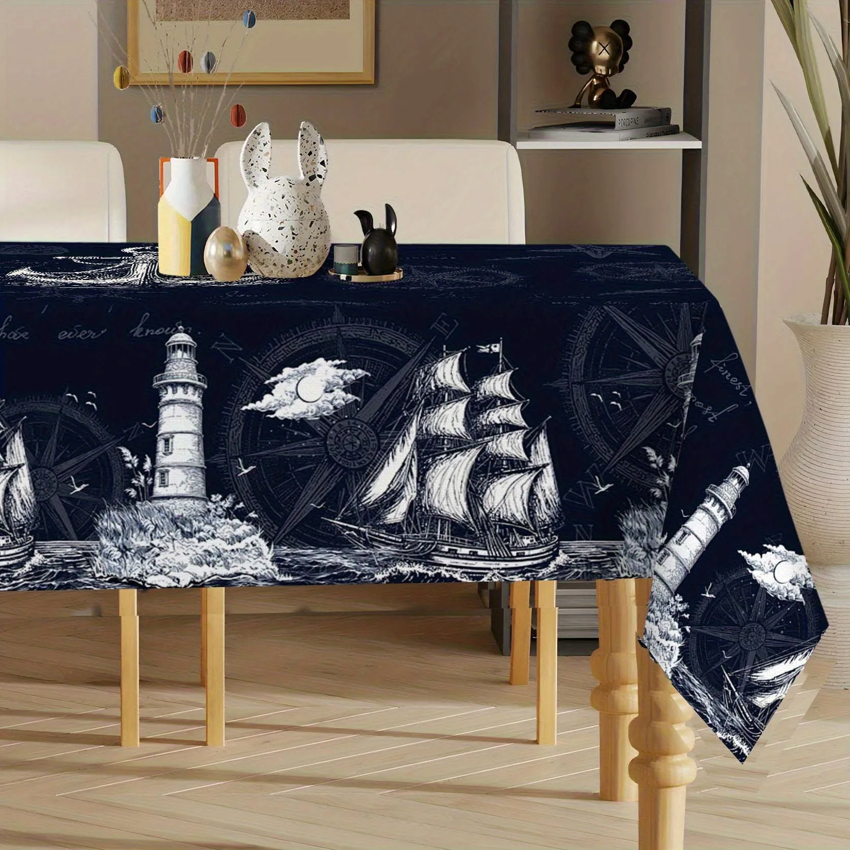 One nautical ocean tablecloth - Navy blue, featuring patterns of sailing ships, etc.