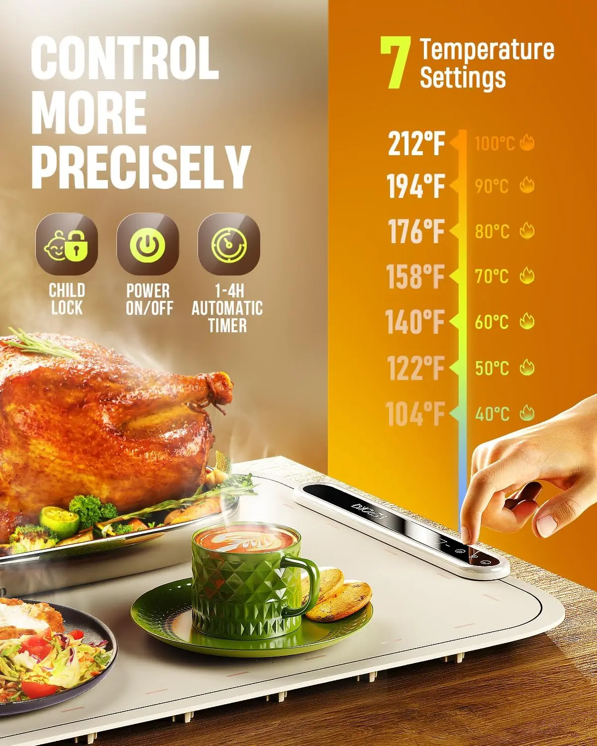 

Food Warming Mat for Buffet, Food Warming Mats for Countertop, Silicone Heating Mat with 7 Temperature Levels& Auto Shut-Off