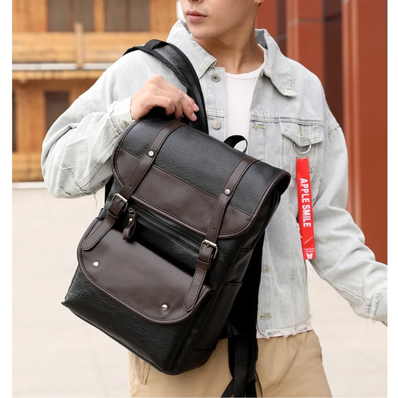 Vintage Laptop PU Leather Backpacks for School Bags Men Travel Leisure Large Capacity Waterproof Backpacks Students Schoolbags