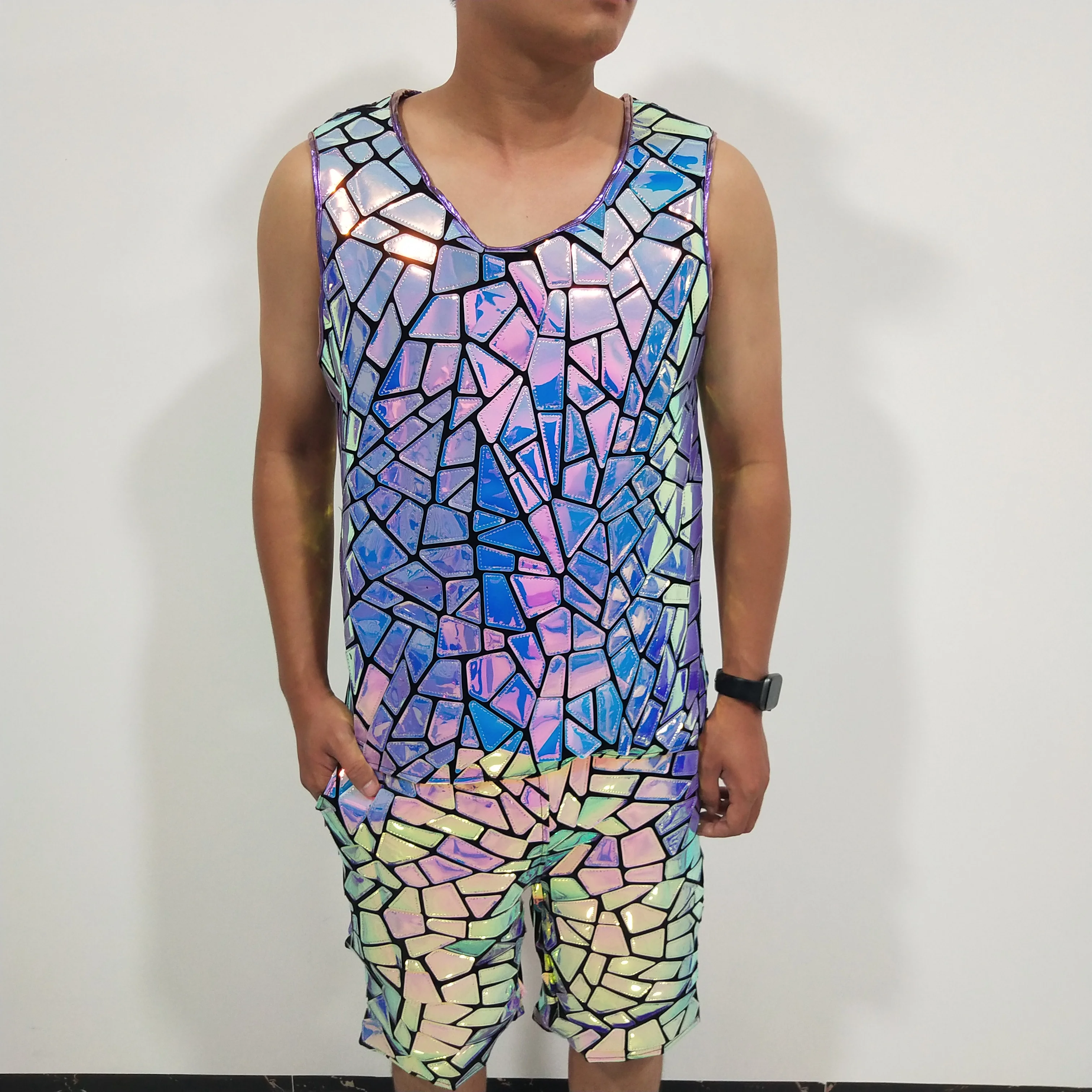 الأرجواني مرآة الترتر مجموعات عادية الرجال حفلة كرنفال السراويل القمم مرونة الخصر مرحلة الأداء المغني بار DJ ملابس الرقص