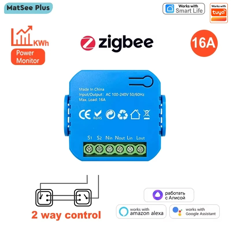 

Tuya Smart Life ZigBee Switch Relay Module DIY поддерживает 2-стороннее управление 16A KWh Энергетический монитор Время работы с Yandex Alice, Google Home Alexa