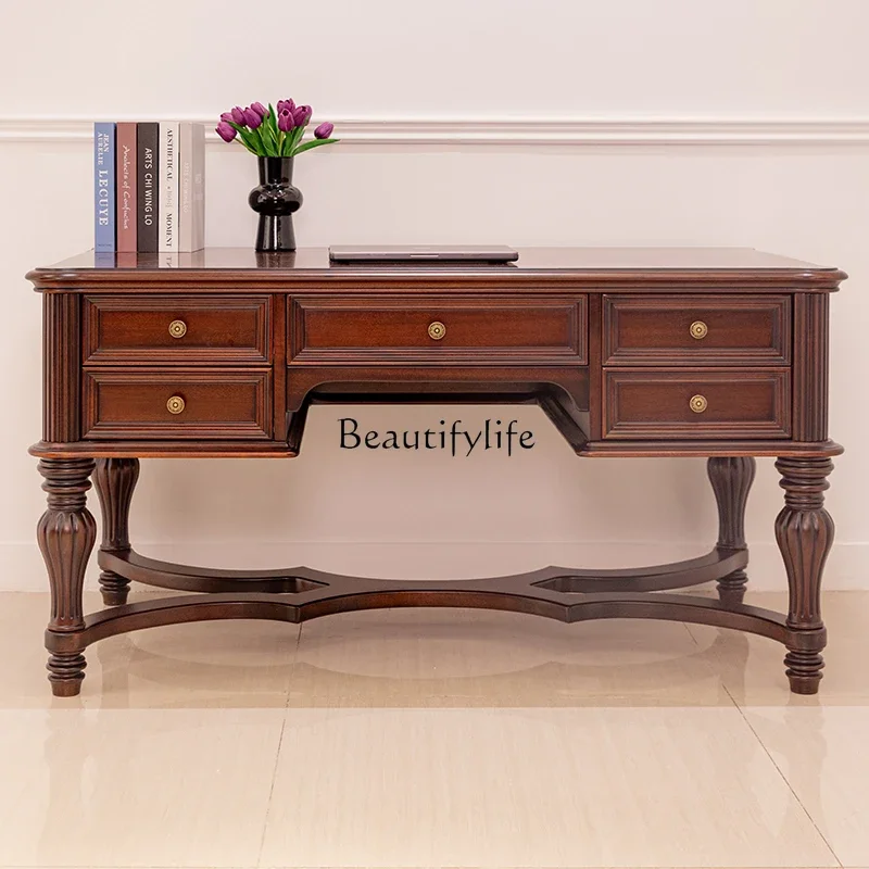 

01 yj19 American-style Solid Wood Desk High-end Black Walnut Wood Study Room Atmosphere Office Computer Desk