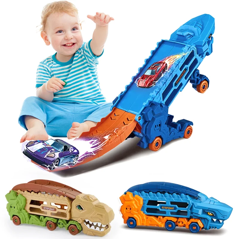 Camión de dinosaurios de transporte con plegable en pie, transforma la pista de carreras deslizante, T-rex, los mejores regalos de cumpleaños, juguetes para niños y niñas