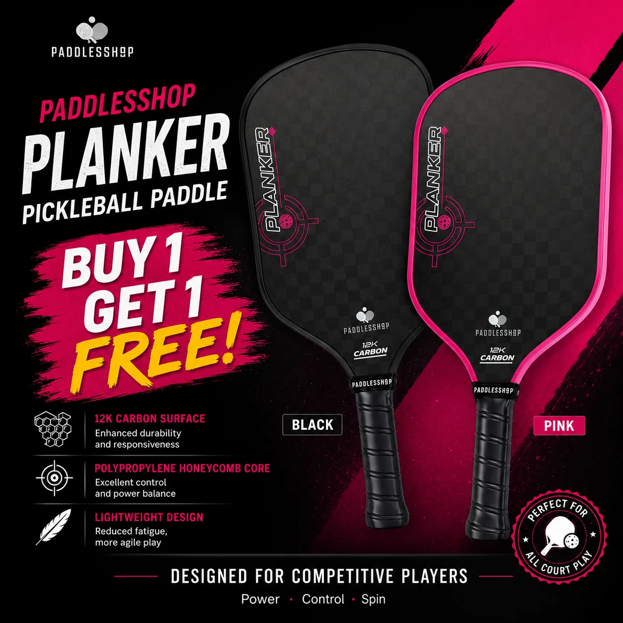 Paddlesshop Planker Pickleball Paddle Gen3 Propulsion Core Foam Injected 12K Raw Carbon Fiber Thermoformed Unibody 16mm Upgraded