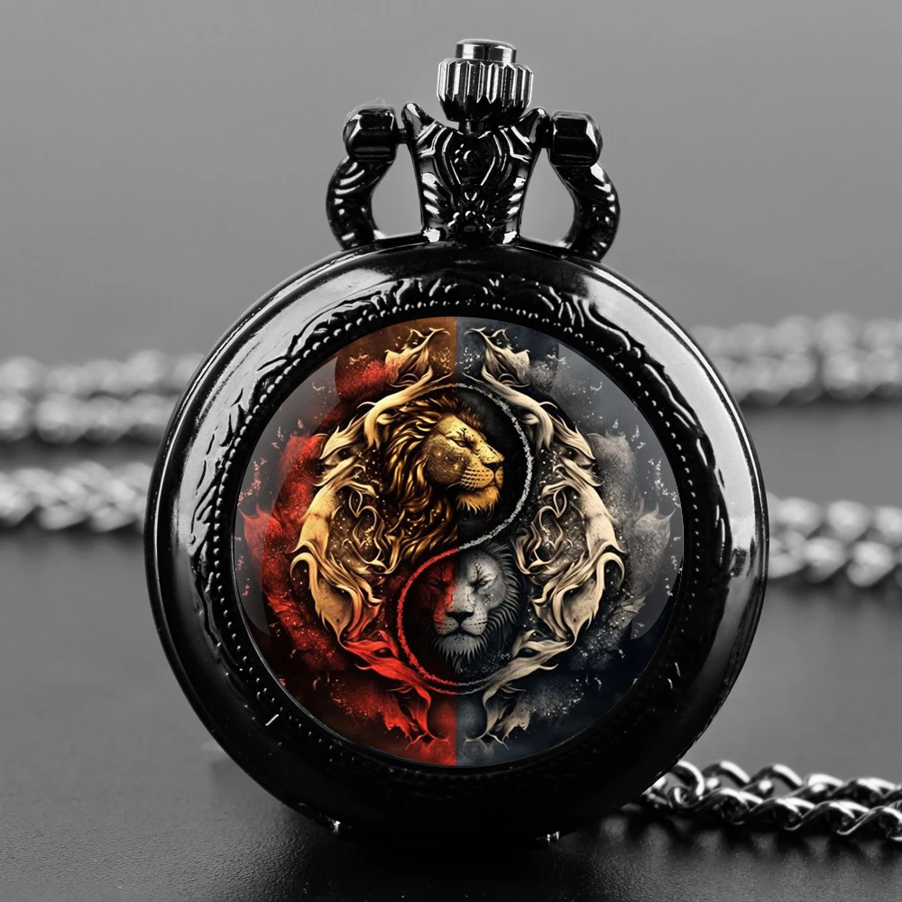 Domineering YinYang Lion Glass Dome Black Quartz Pocket Watch with Arabic Numerals Dial and Durable Chain Gift for Men Women