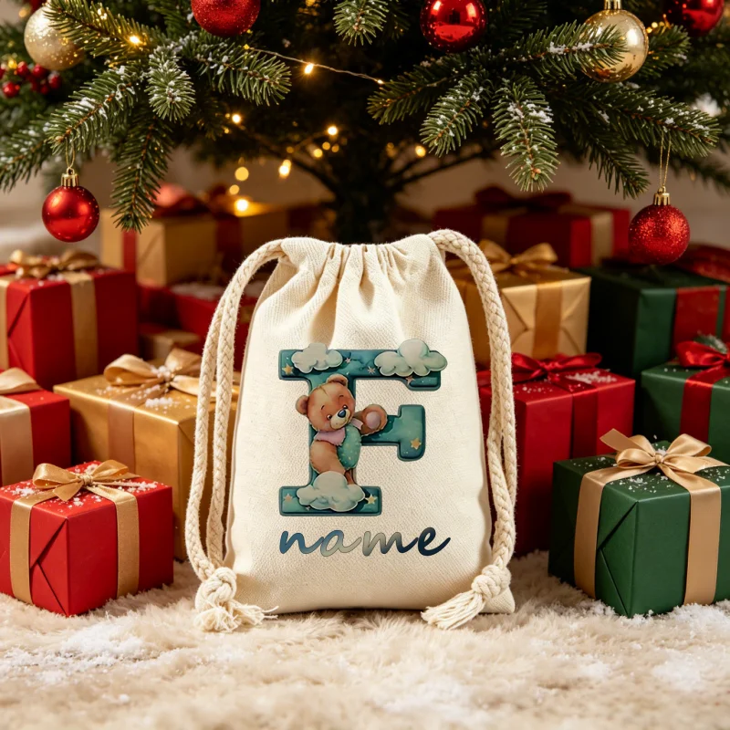 Drawstring Bags Custom Name Bear Letter F Initial Canvas Pouch Cute Cartoon Storage Candy Bag for Kids Baby Shower Gift