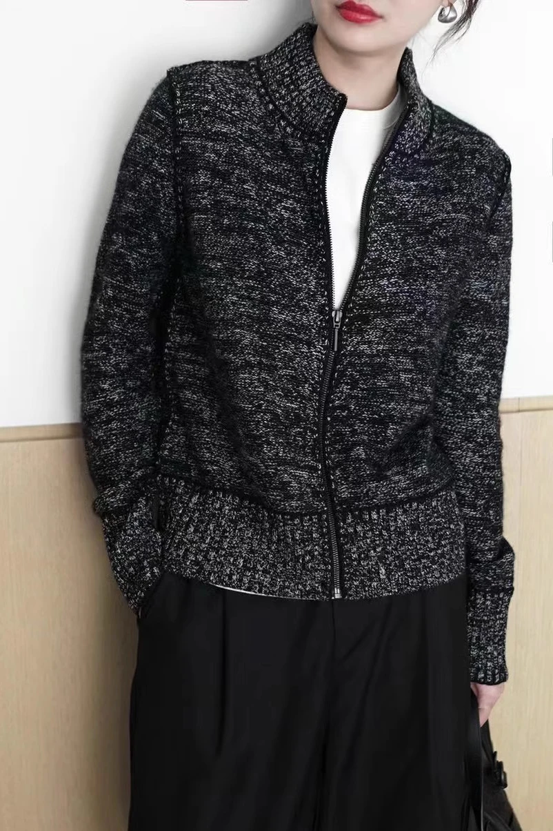 100% Pure Cashmere Knitted Cardigan for Women European Zipper Sweater High-End Autumn Winter Popular Coat Female High Quality