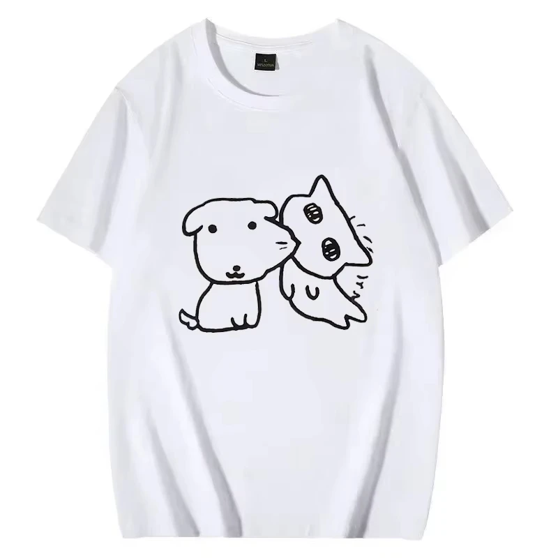 Cute Simple Line Drawing Dog Cat Print Women Men T Shirt Casual Soft Cotton Short Sleeve O Neck Tee Loose Daily Couple Tops