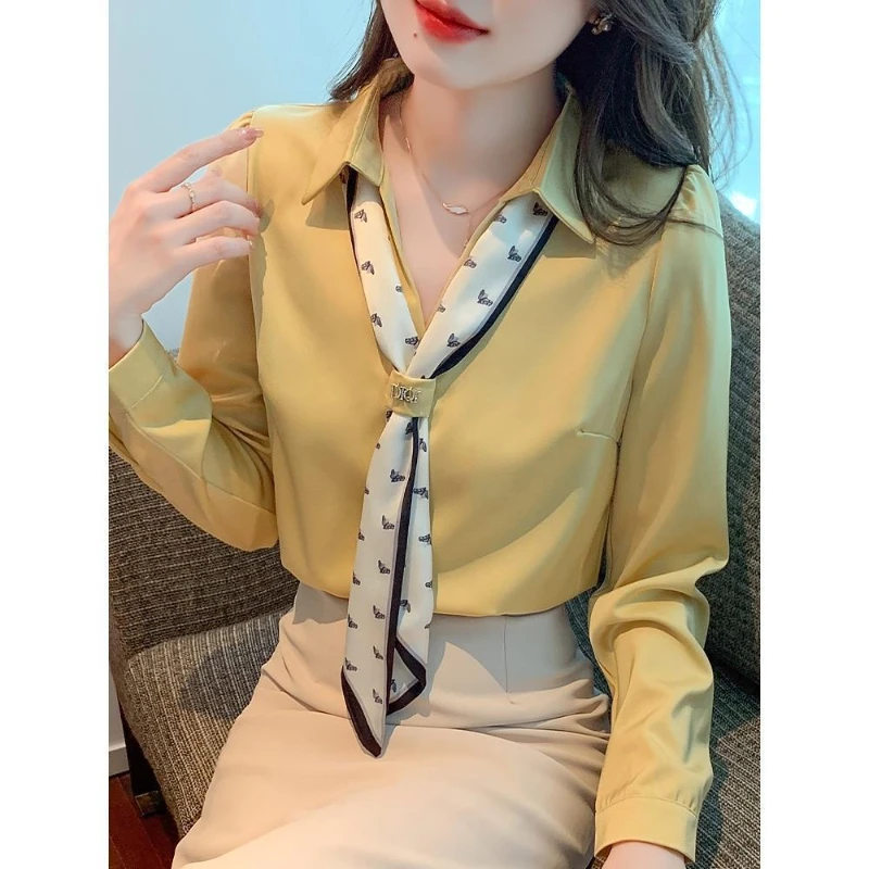 Tops Women 2023 Blouse Spring Summer Polo-neck Long Sleeve Single-breasted Bow Patchwork Fashion Office Lady Korean Style Casual