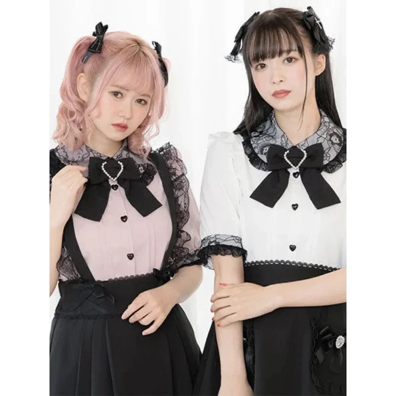 جديد اليابانية Kawaii فتاة حلوة لطيف لوليتا قصيرة الأكمام قميص الصيف Y2k الجمالية الدانتيل كل مباراة بلوزة بلوزات المرأة