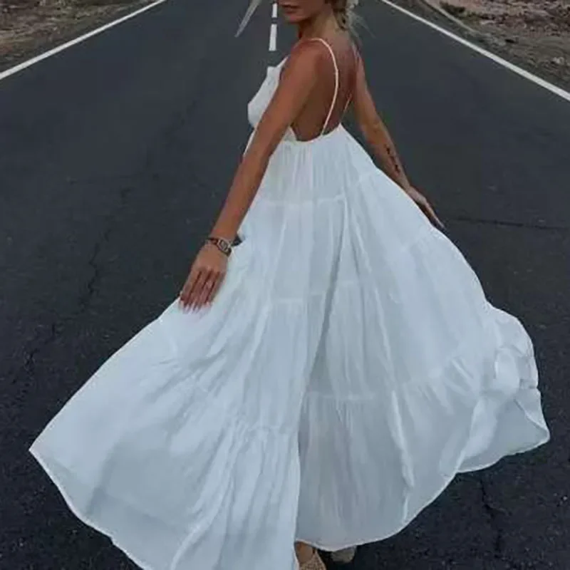 ใหม่เซ็กซี่ลึกVคอBackless Bohoฤดูร้อนElegant Solid Hollow Out Partyชุดผู้หญิงวันหยุดจีบสลิงA-Line Dress