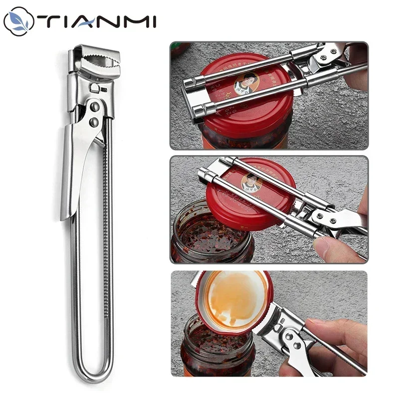 Stainless Steel Non-Slip Can Opener Adjustable Opener Multifunction Manual Jar Bottle Opening Gadget Kitchen Accessories