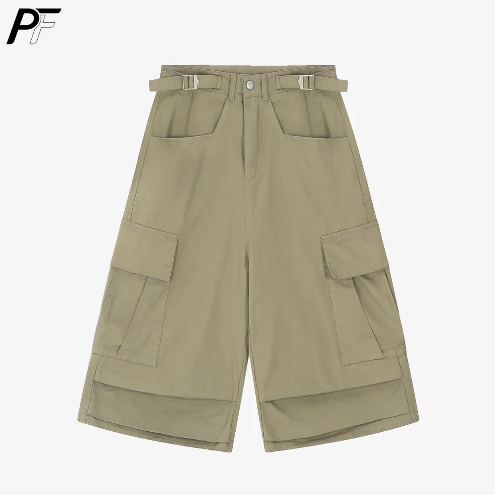 

Retro High-Waisted Cargo Capris Adjustable Buckle Straps Shorts Multi-Pocket Casual Bottoms Layered Hem Wide-Leg Capri Pant