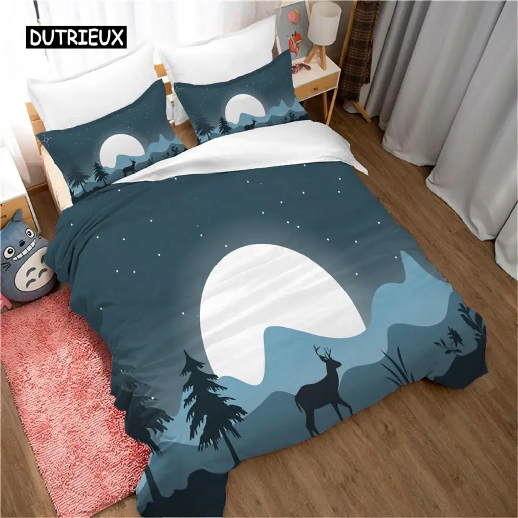 Mountain Duvet Cover Set Forest and Bright Moonlight Elk Landscape Mountain Bedding Set King Size Soft Polyester Comforter Cover