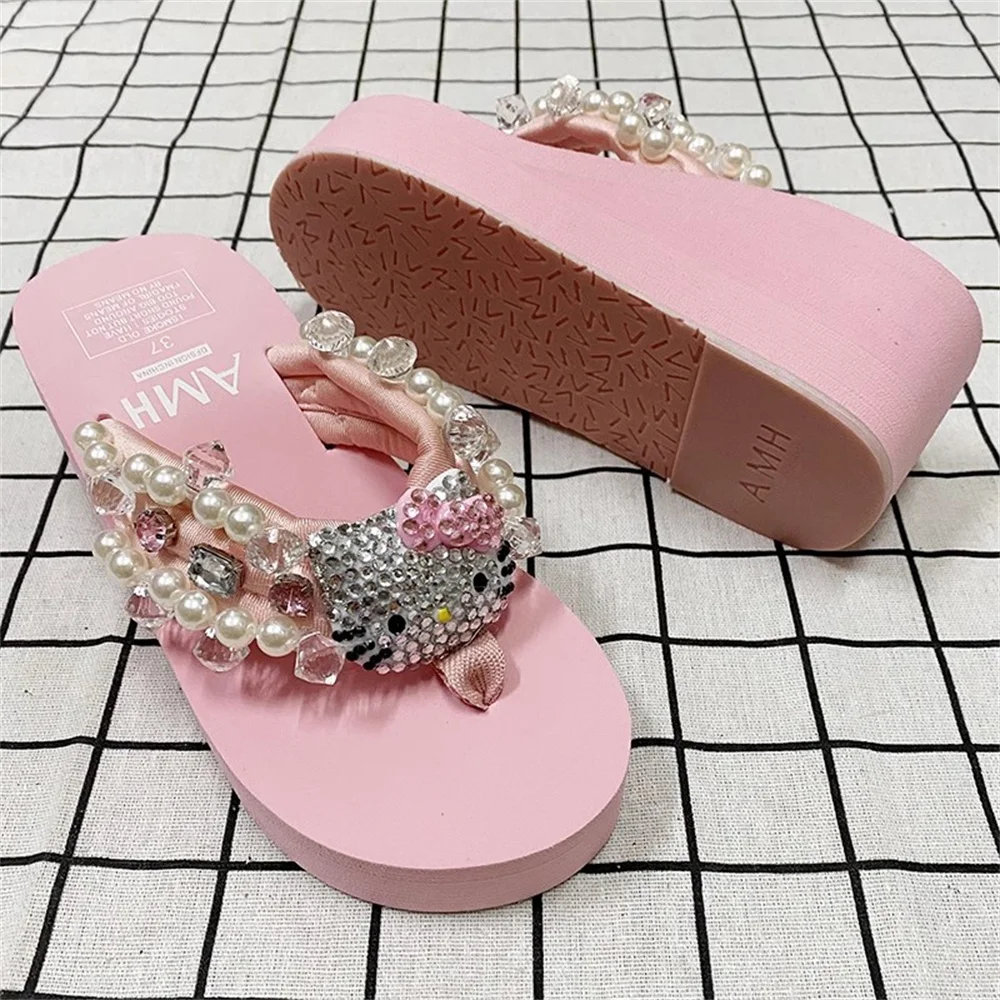 Kawaii Sanrio Hello Kitty Soft Eva Sandals Beach Slippers Y2k Full Diamond Gem Fashion Women Casual Wedge Platform Slippers Gift